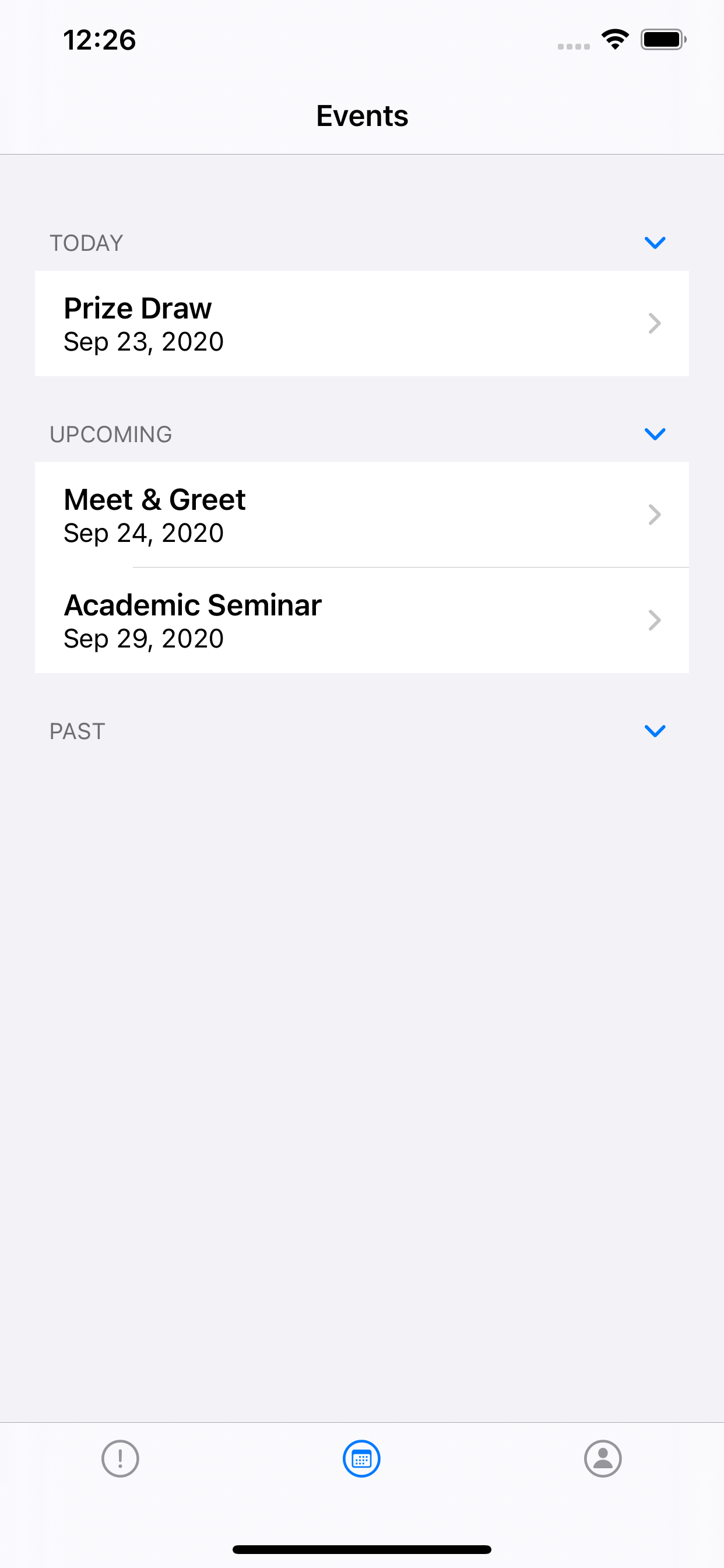 ios events screen